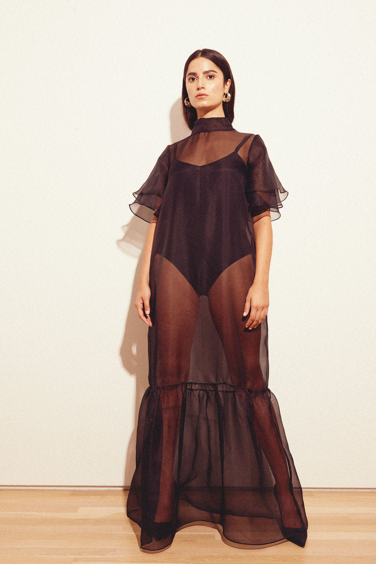 KAMPERETT | Barre Silk Organza Sheer Maxi Dress | Black