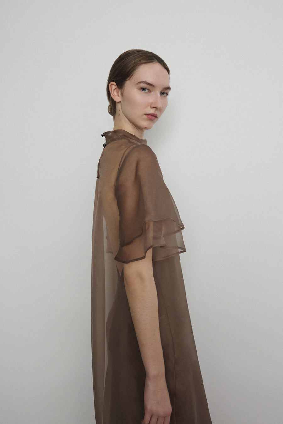 Kamperett Mushroom Brown Silk Organza Maxi Barre Dress