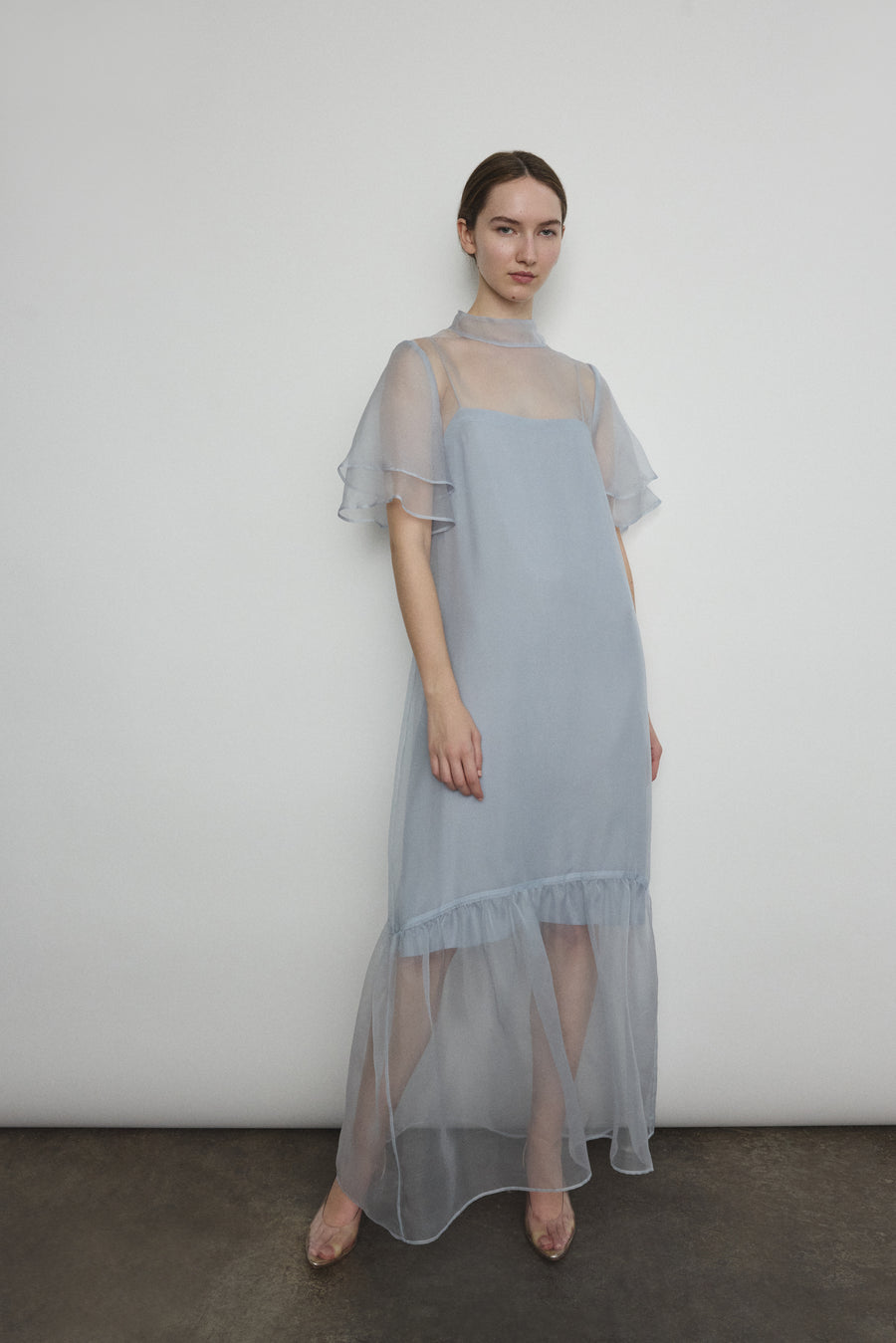 Kamperett Silk Organza Powder Blue Barre Maxi Dress