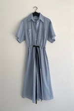 Alternate front view of the blue semi-sheer Japanese cotton voile Kamperett Antoine Shirt Dress.