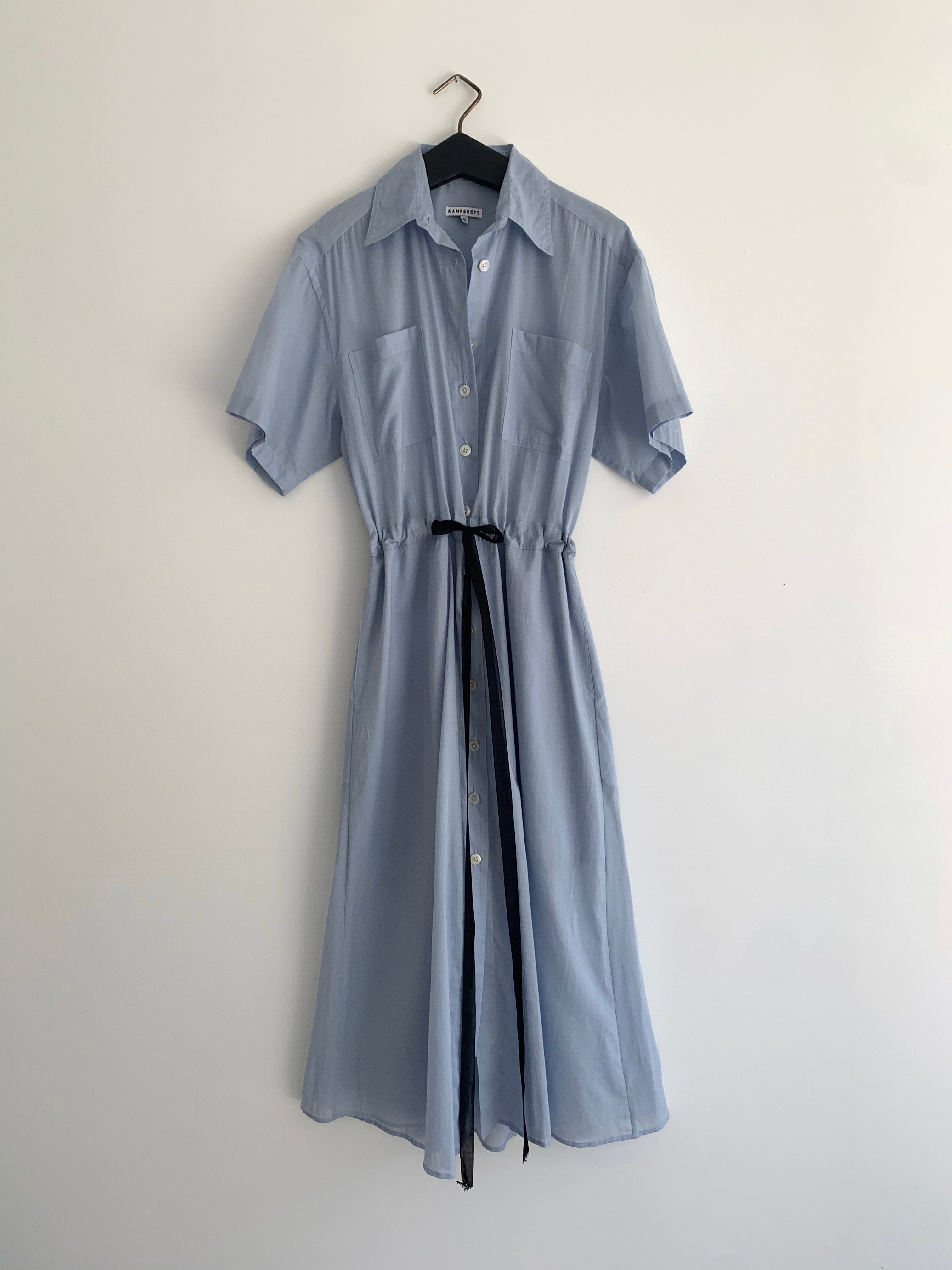 Alternate front view of the blue semi-sheer Japanese cotton voile Kamperett Antoine Shirt Dress.