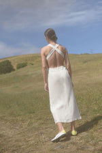 Editorial image of the seafoam Japanese linen Kamperett Aveline Dress.
