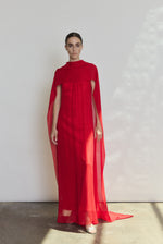 Detail of the crimson silk charmeuse Kamperett Caroline Slip Dress showing the fabric and corded strap construction.
