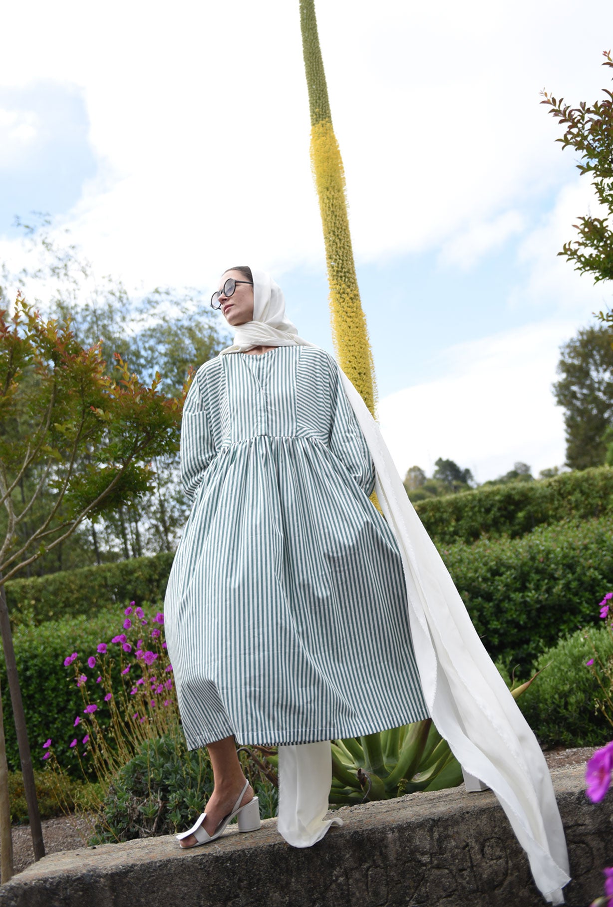 Back view of the green stripe Japanese cotton Kamperett Cassatt Dress showing the dolman sleeve construction.