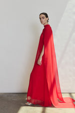 Back view of the crimson silk chiffon Kamperett Iris Gown showing the column silhouette.