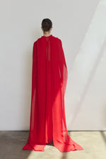Detail of the crimson silk chiffon Kamperett Iris Gown showing the gathered neckline and drape.