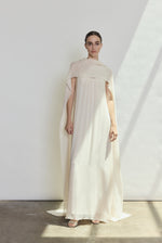 Back view of the ivory silk chiffon Kamperett Iris Gown showing the column silhouette and draped scarf neckline.