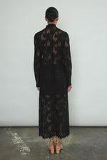 Kamperett Isabella Tunic rear view highlighting open side seams with draped silk cord ties, eyelash lace sleeve edge, and clean back construction of imported French lace.