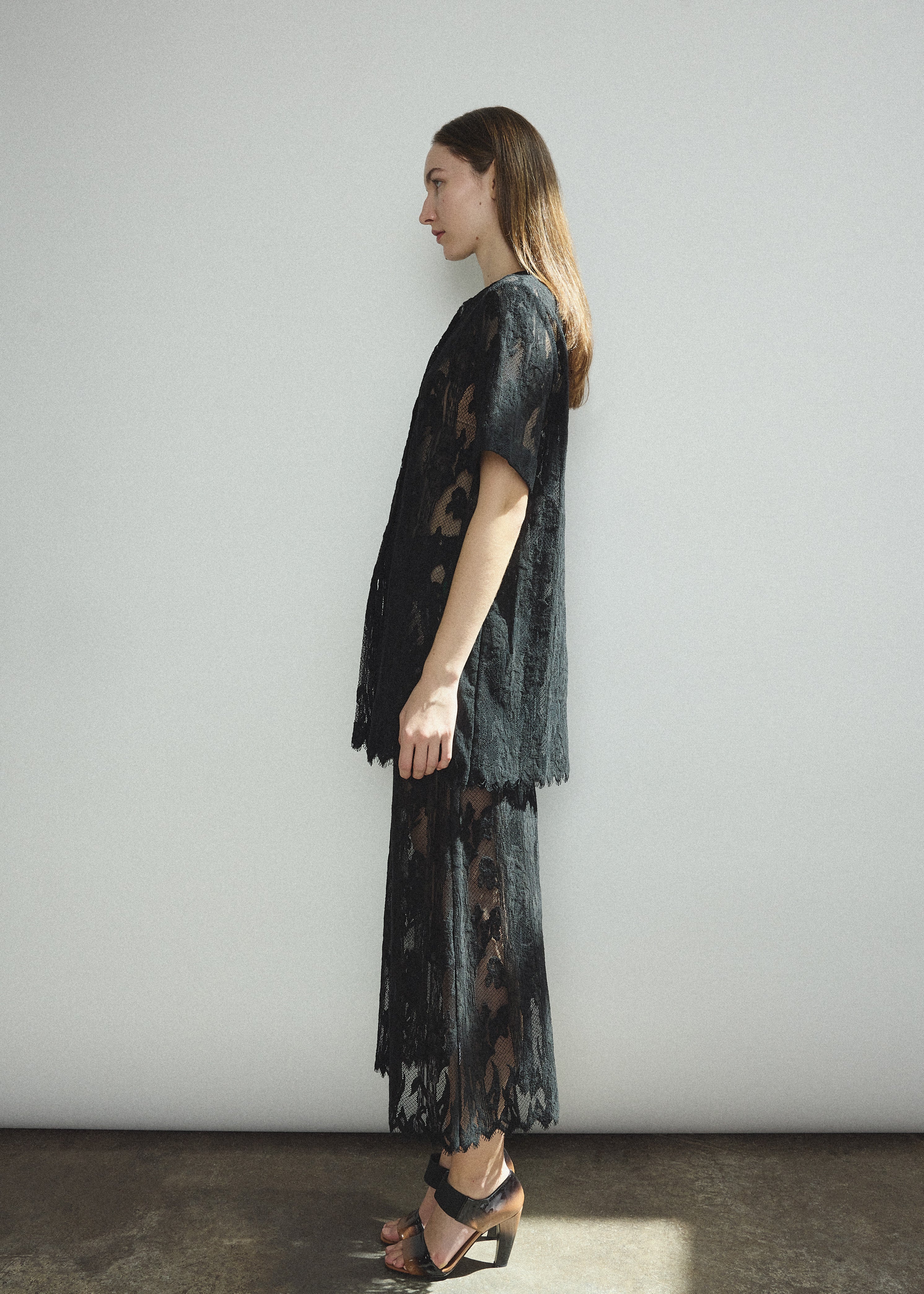 The black French lace Kamperett Jette Tee styled with the Huene Pant and Isabella Skirt.