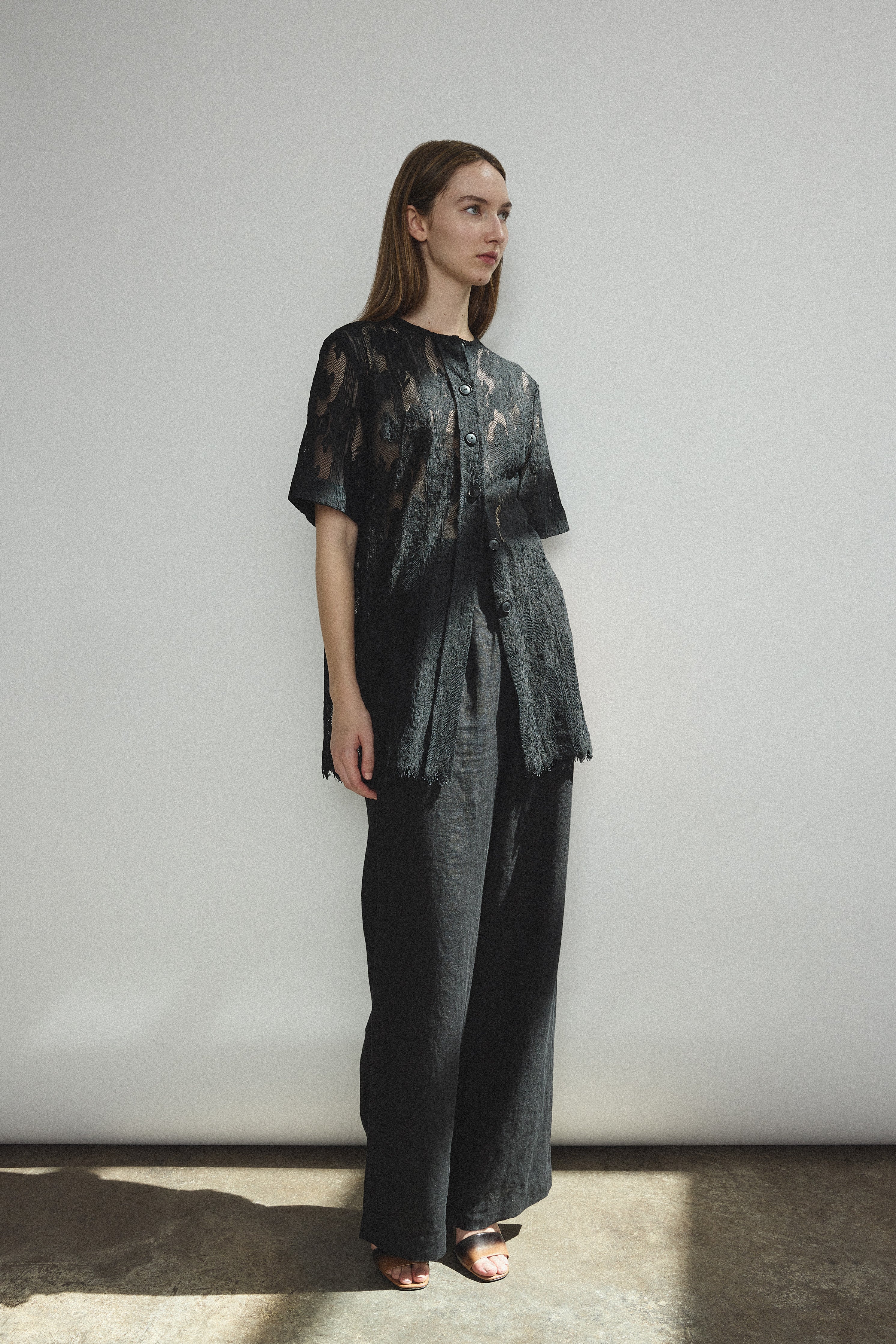Alternate styling of the black French lace Kamperett Jette Tee with the Huene Pant.