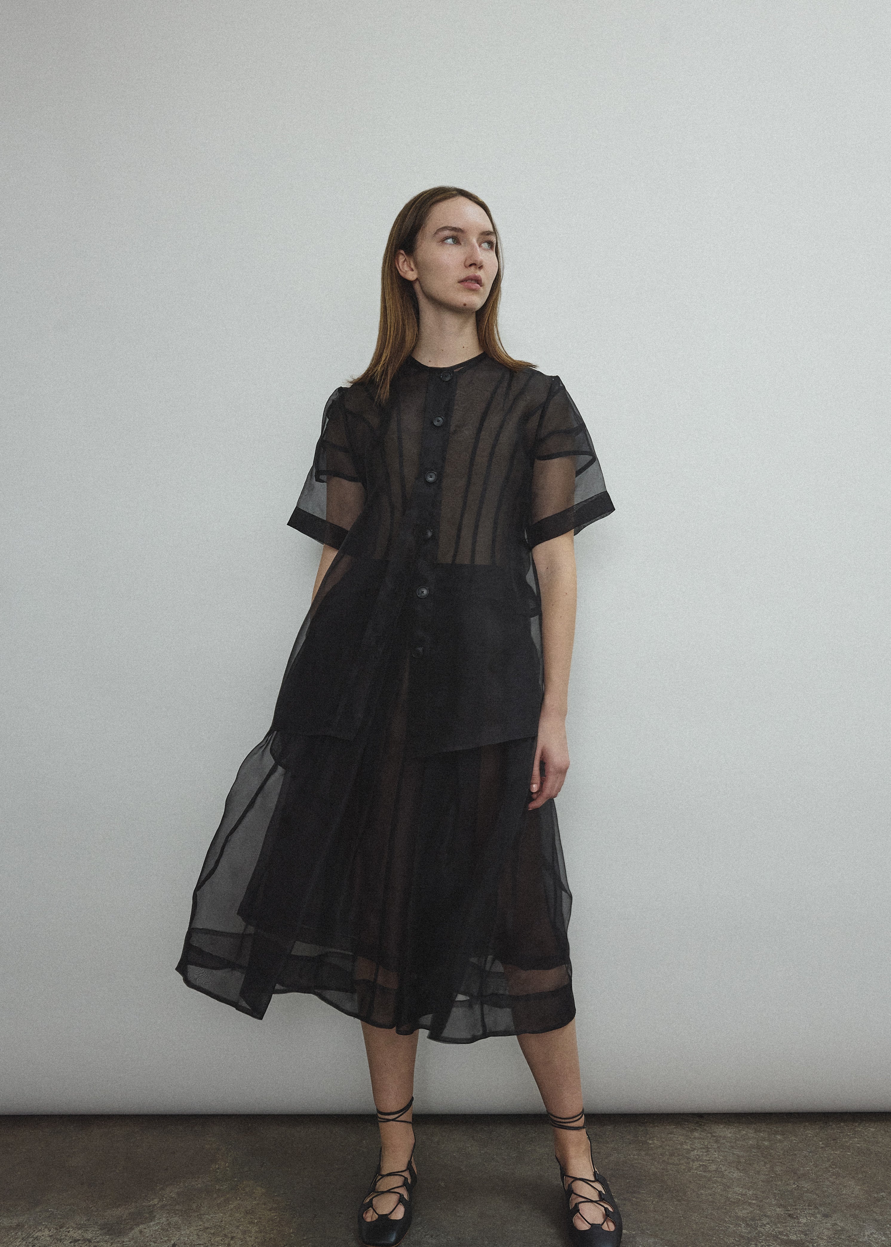 Alternate styled view of the black silk organza Kamperett Jette Tee.