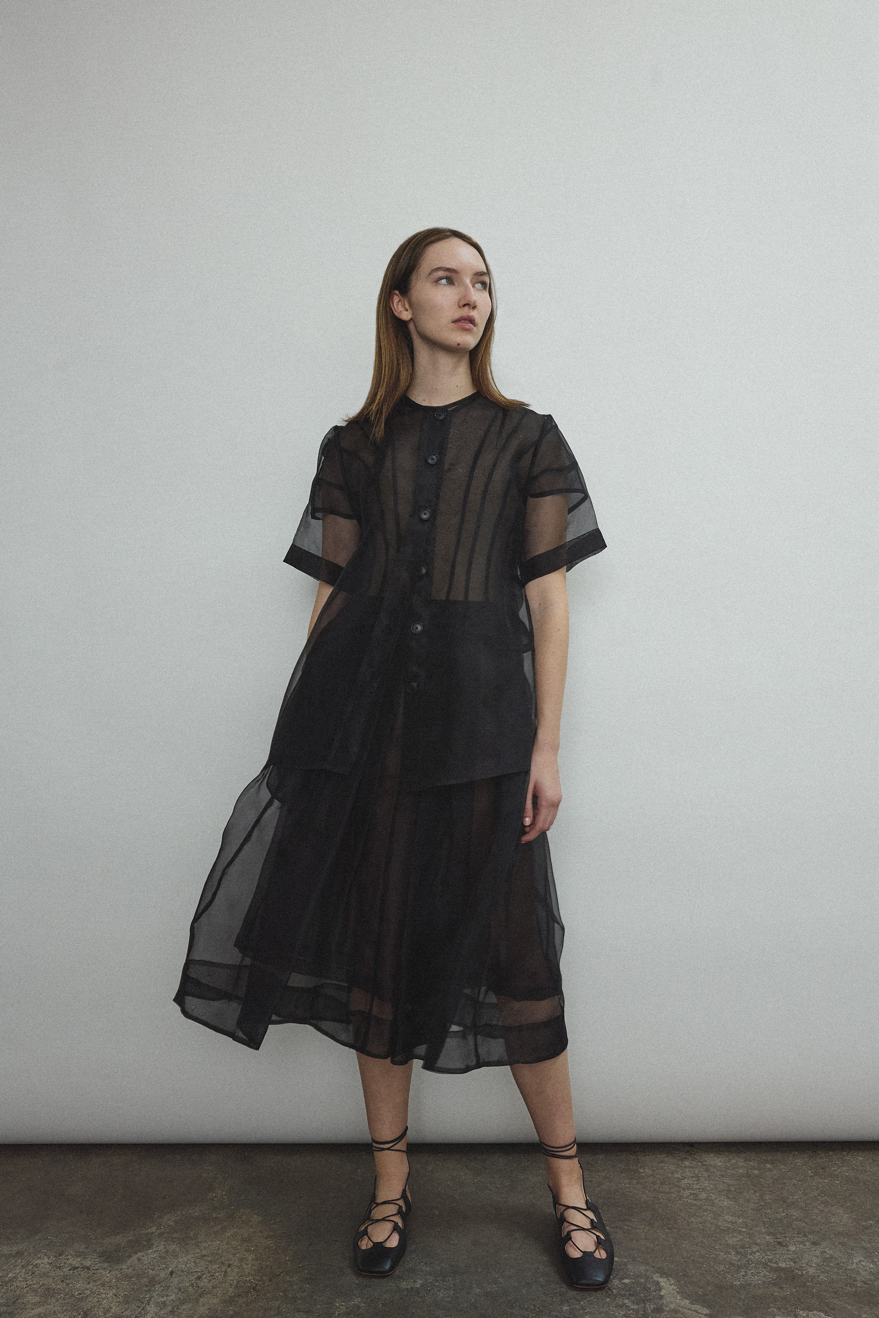 Alternate styled view of the black silk organza Kamperett Jette Tee.