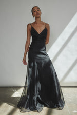 Back view of the black silk organza Kamperett Lalique Gown with invisible center-back zip closure.