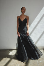 Detail of the V-neck and corded spaghetti straps on the black silk organza Kamperett Lalique Gown.