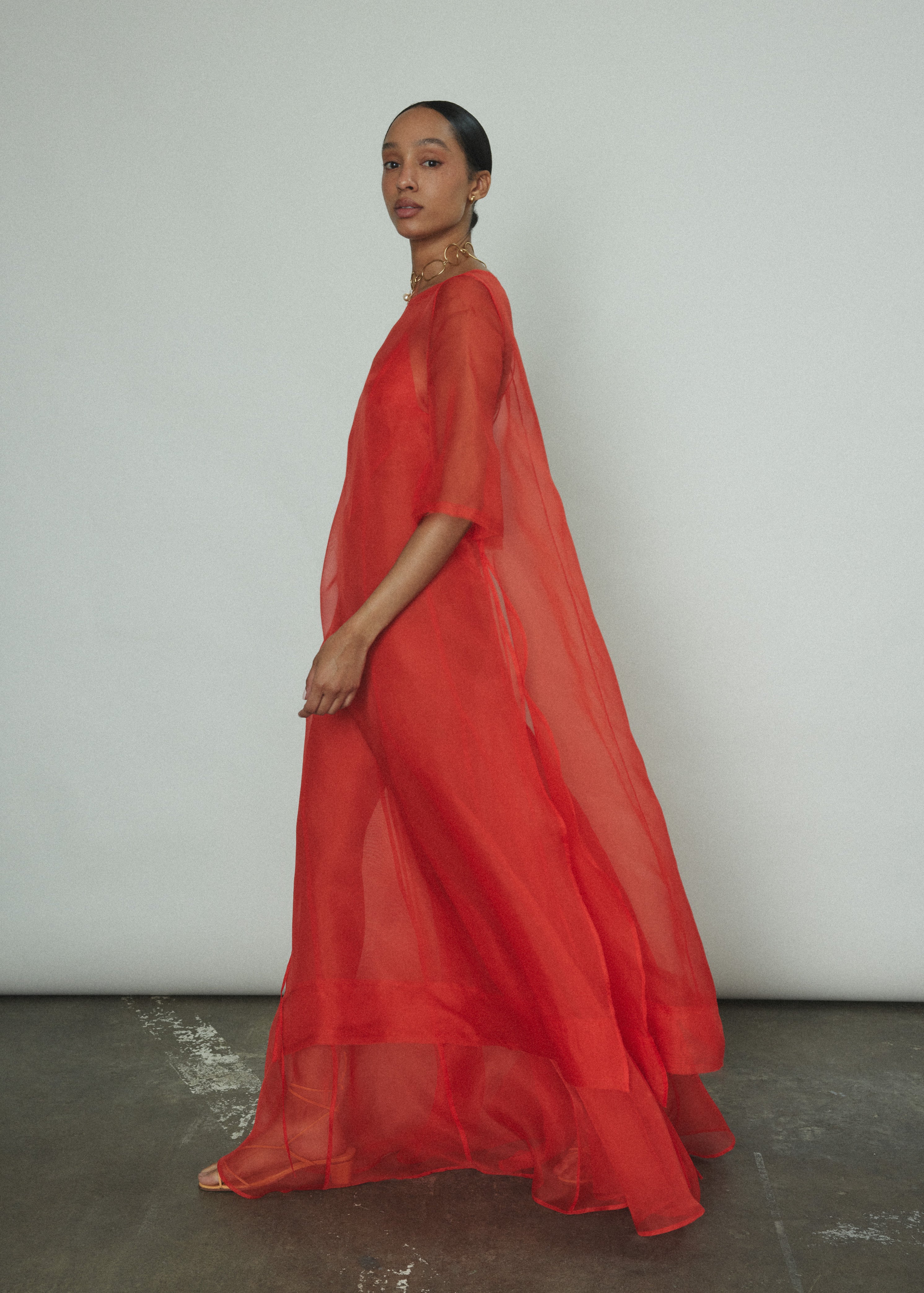 The vermilion Kamperett Lalique Gown styled over the Thea Sheath Dress for a layered occasion look.