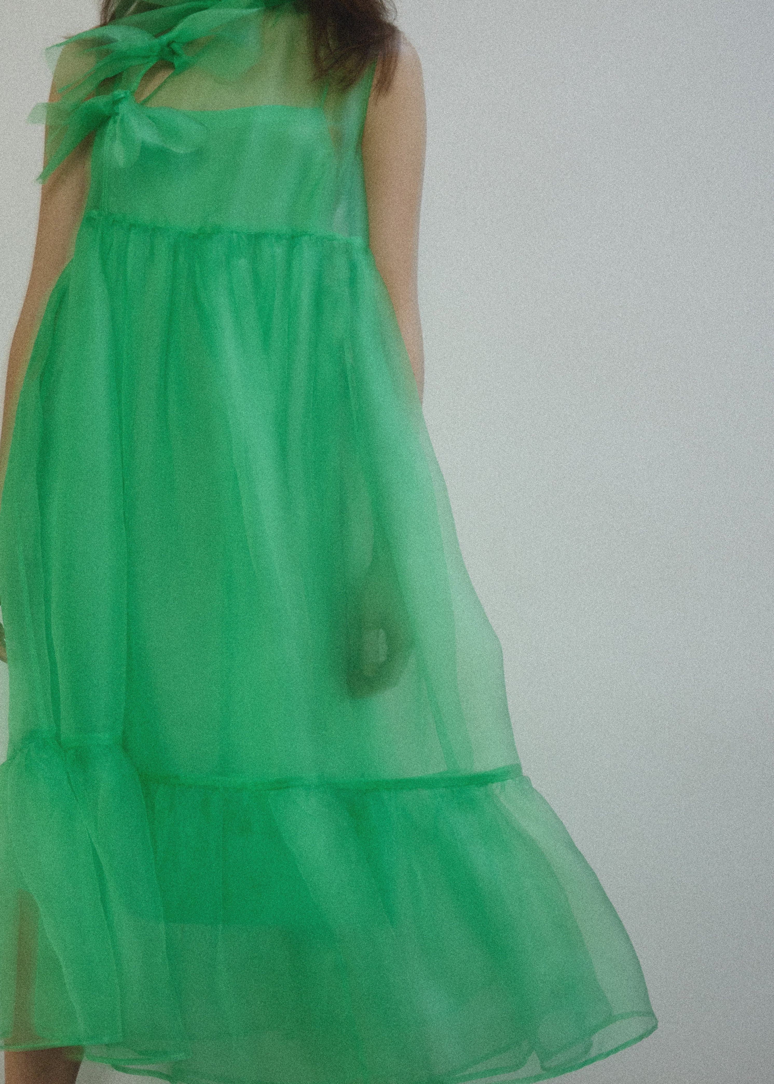 Detail of the qipao-inspired tie front closure on the celadon silk organza Kamperett Mae Dress.