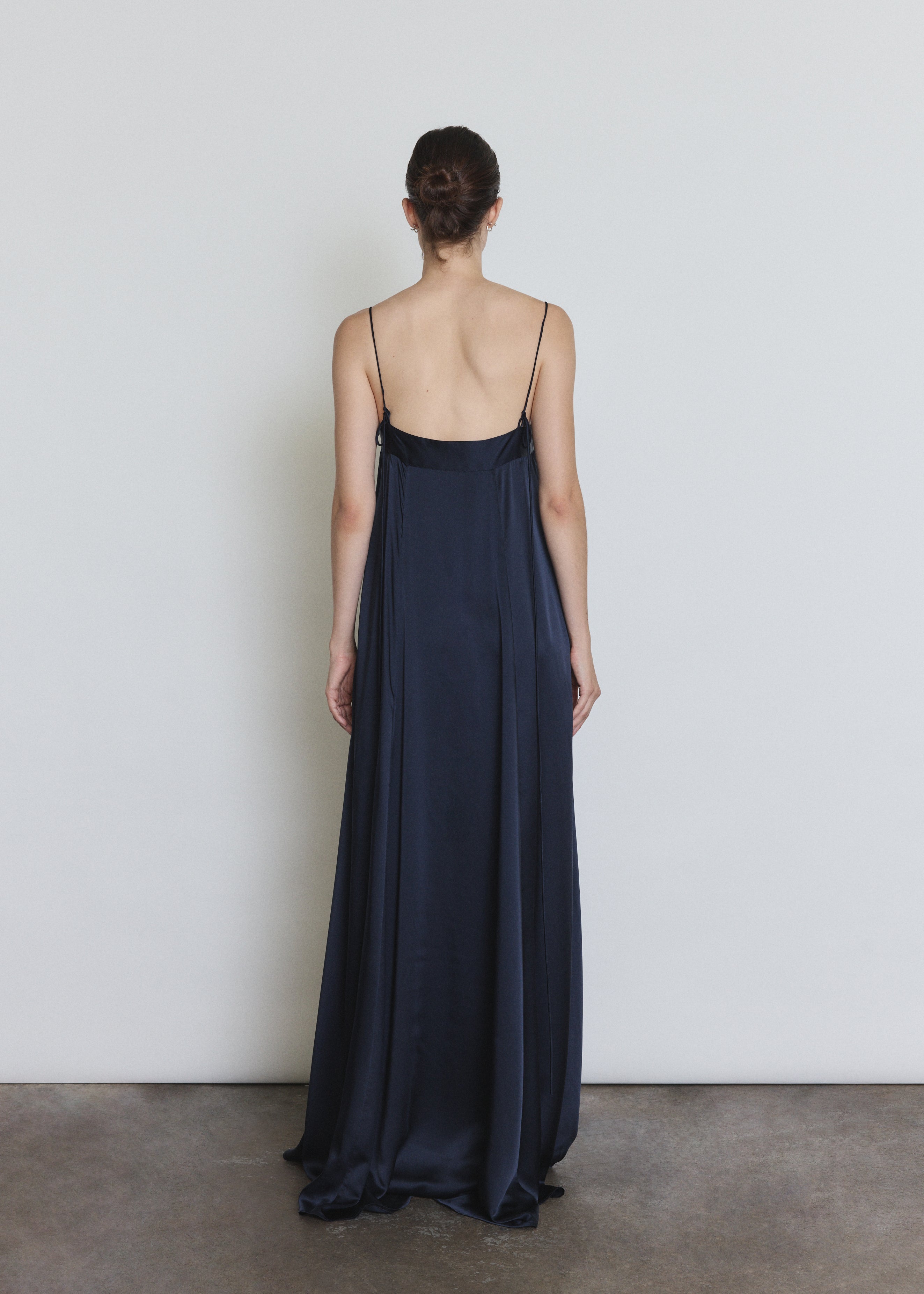 Back view of the midnight silk Kamperett Metronome Gown showing the corded straps.