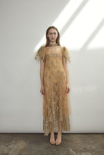 Full-length front view of mink French lace mock neck sheath gown with deconstructed cap sleeves and straight-cut silhouette, made in California.