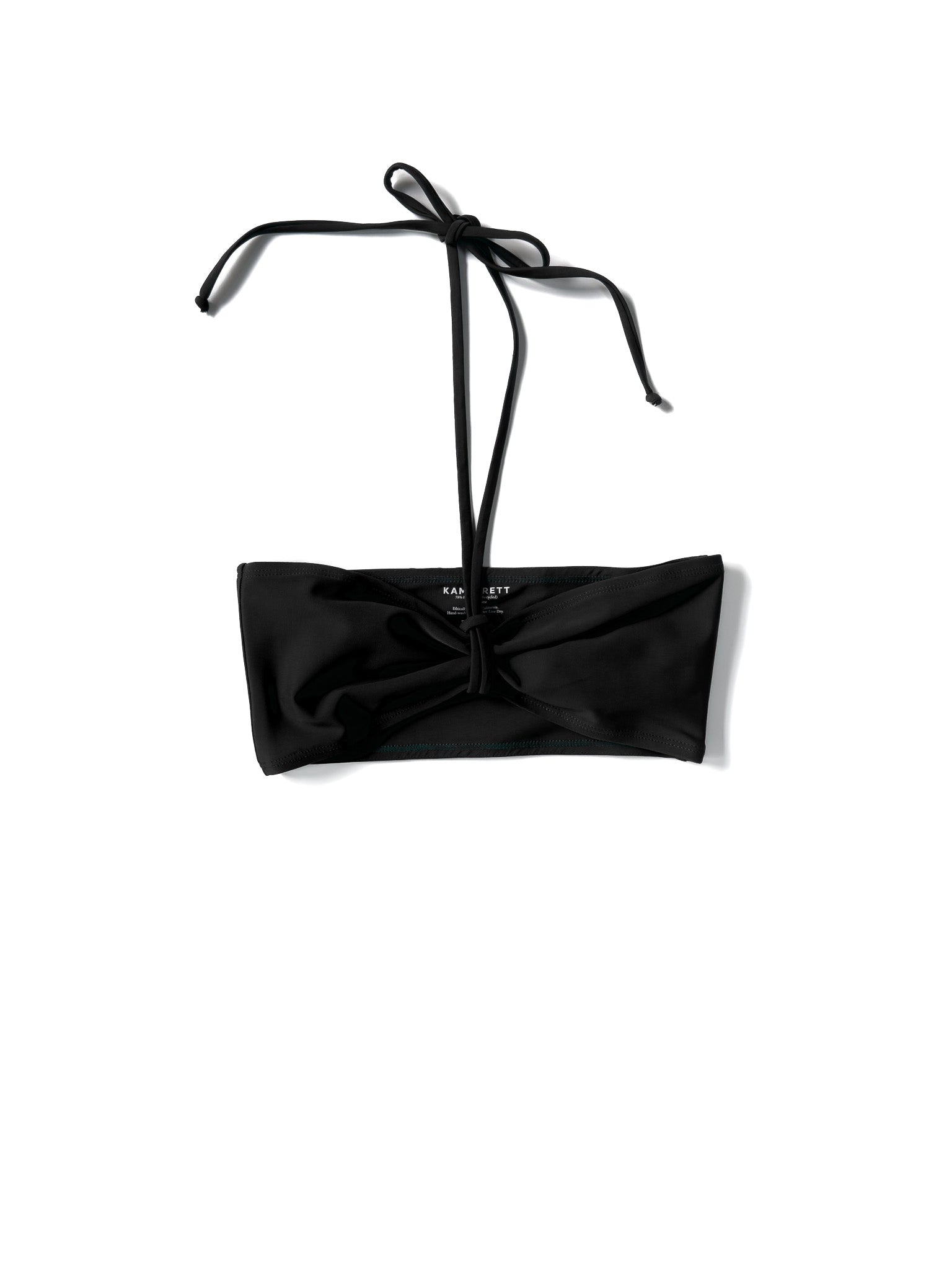 Flat image of the black Kamperett Orra Bandeau Top with halter cord attached.
