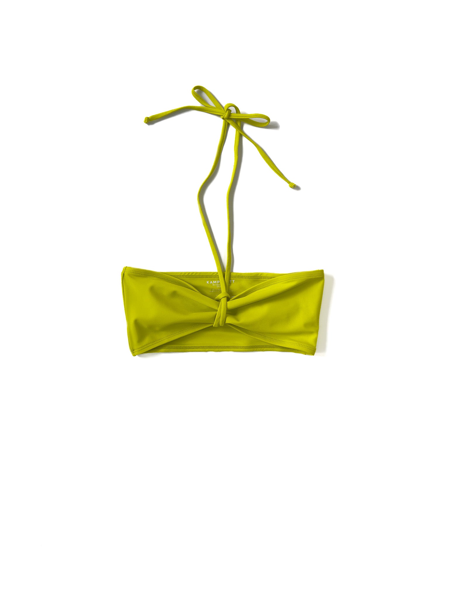Flat image of the chartreuse Kamperett Orra Bandeau Top with halter cord attached.