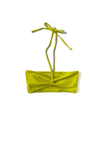 Flat image of the chartreuse Kamperett Orra Bandeau Top with halter cord attached.