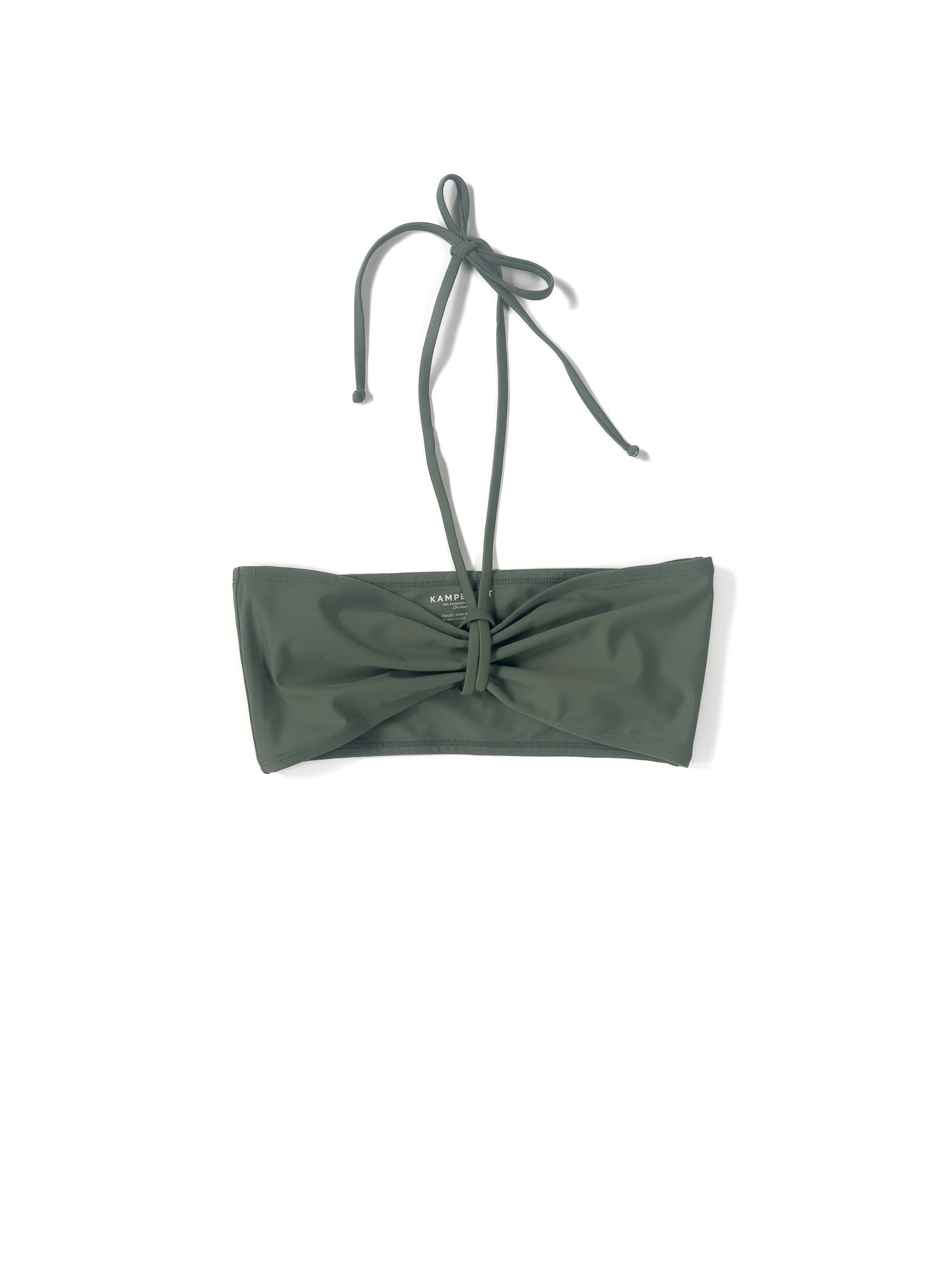 Flat image of the sage Kamperett Orra Bandeau Top with halter cord attached.