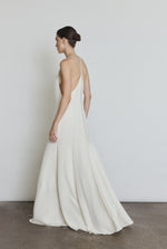 Back view of the alabaster silk crepe Kamperett Ray Gown showing the sun-ray pattern at center back.