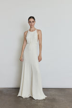 Detail of the alabaster silk crepe Kamperett Ray Gown showing the halter-neck construction and back straps.