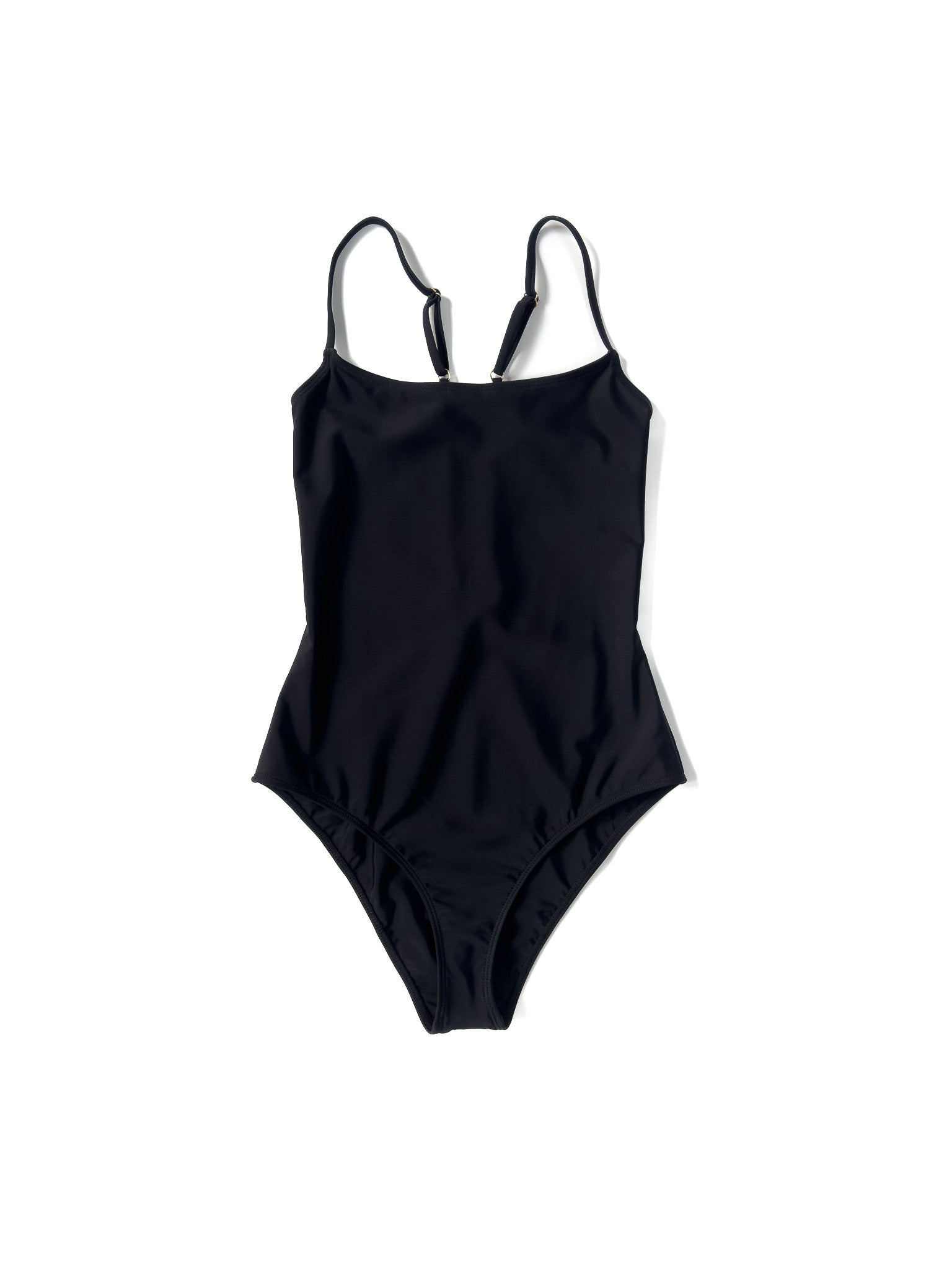 Flat front view of the black Italian regenerated nylon Kamperett Selwood One Piece with scoop neckline.