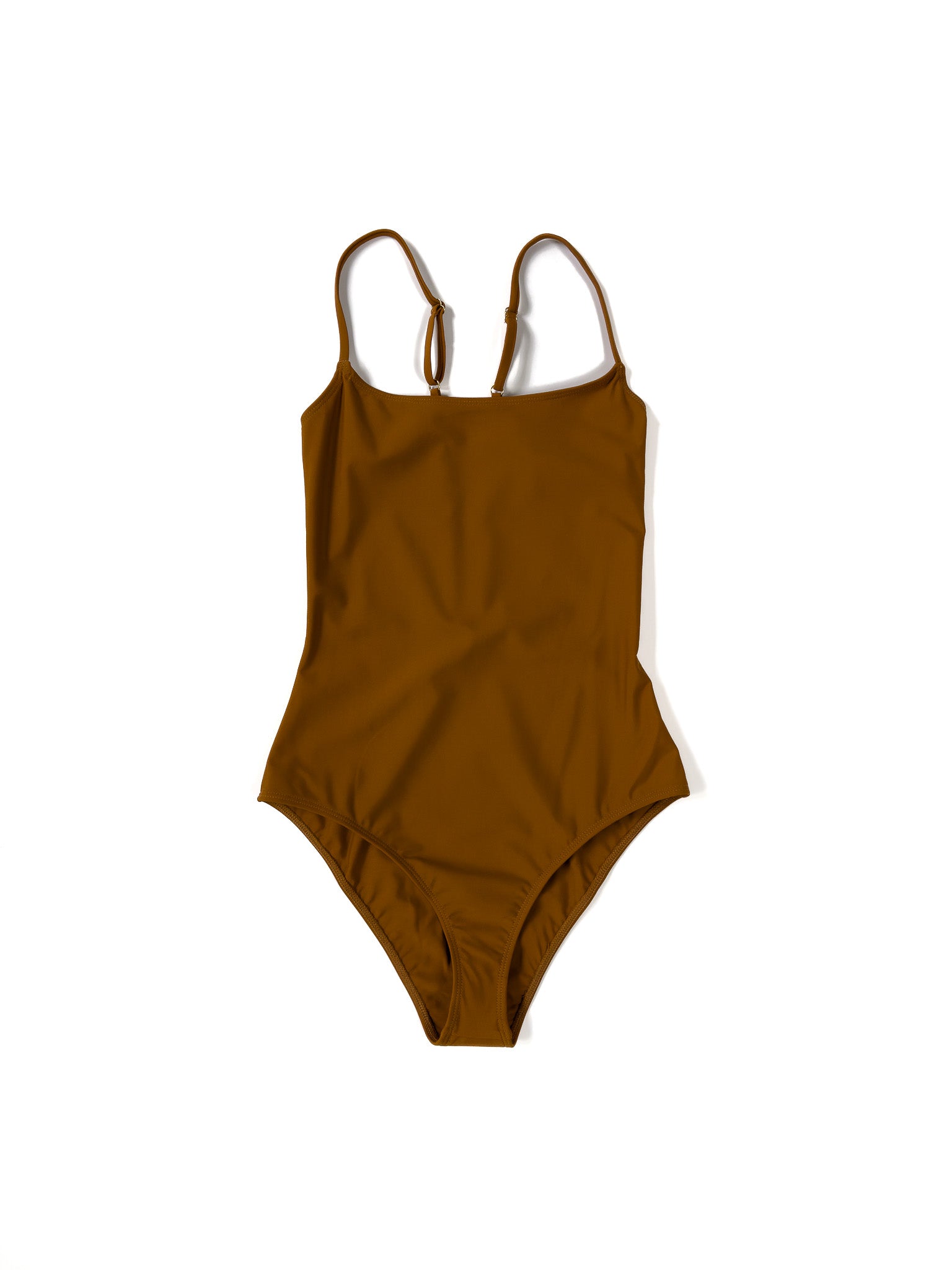Flat front view of the camel Italian regenerated nylon Kamperett Selwood One Piece with scoop neckline.