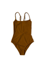 Flat front view of the camel Italian regenerated nylon Kamperett Selwood One Piece with scoop neckline.