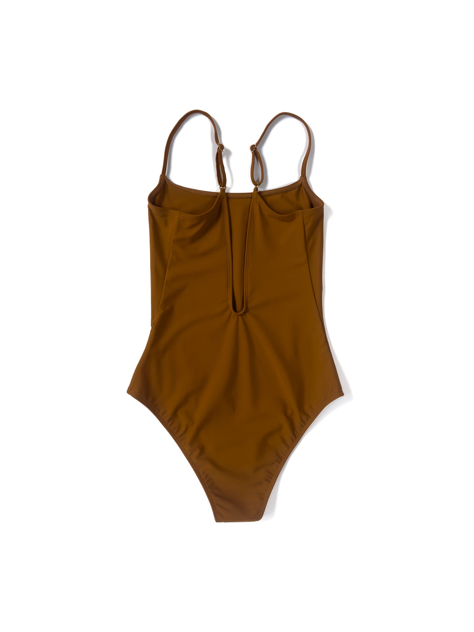 Flat back view of the camel Italian regenerated nylon Kamperett Selwood One Piece showing the deep V.