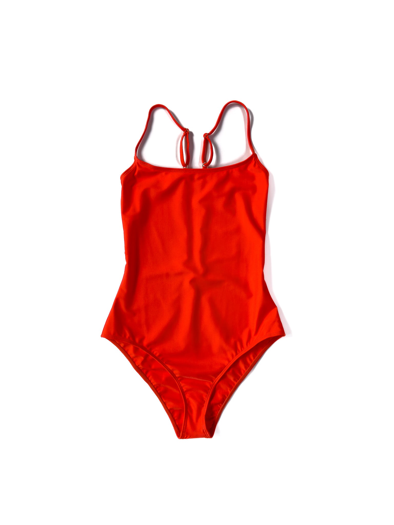 Flat front view of the coral Italian regenerated nylon Kamperett Selwood One Piece.