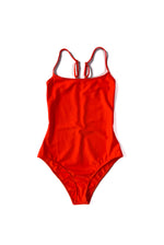 Flat front view of the coral Italian regenerated nylon Kamperett Selwood One Piece.