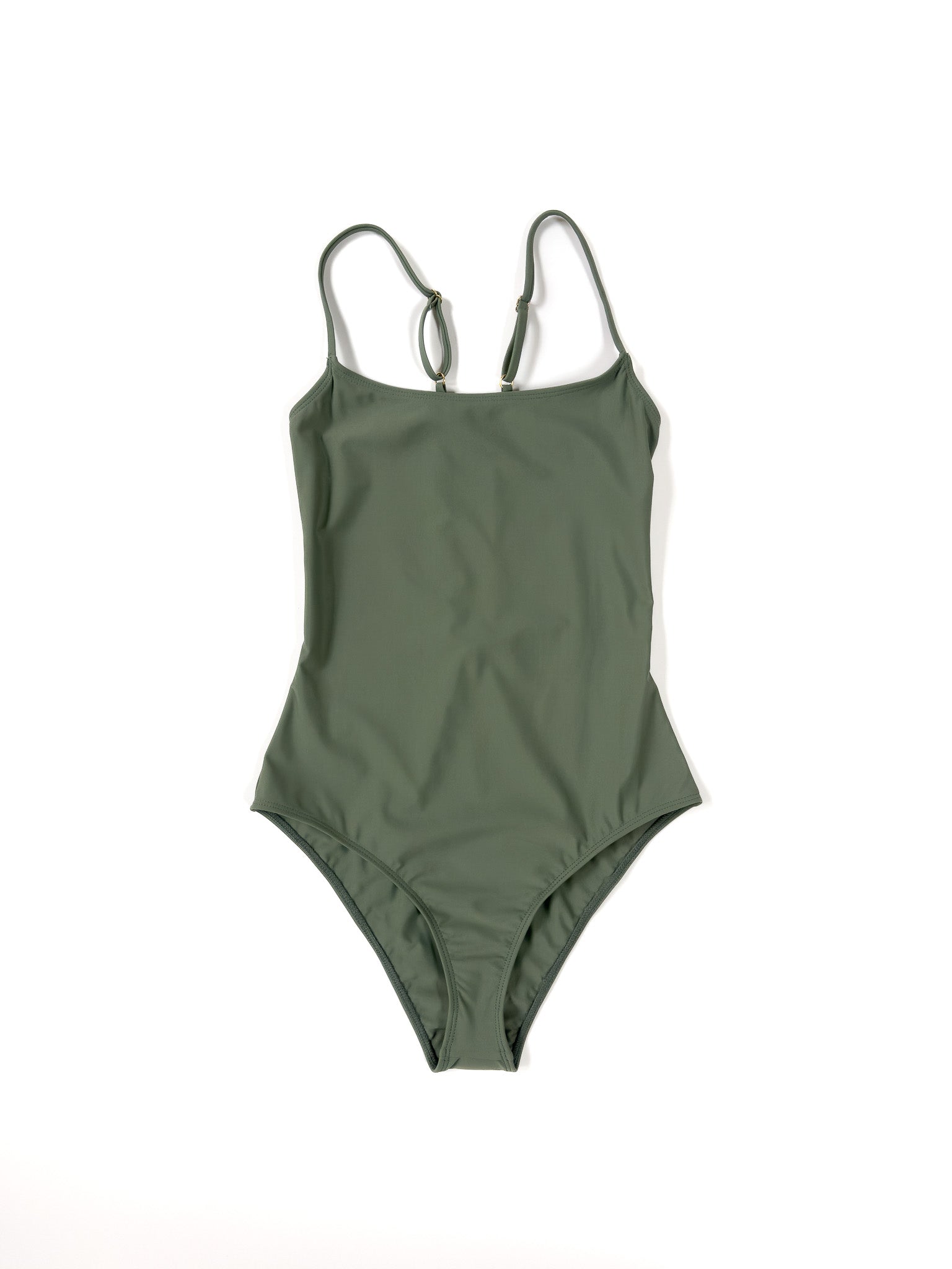 Flat front view of the sage Italian regenerated nylon Kamperett Selwood One Piece with scoop neckline.