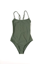 Flat front view of the sage Italian regenerated nylon Kamperett Selwood One Piece with scoop neckline.