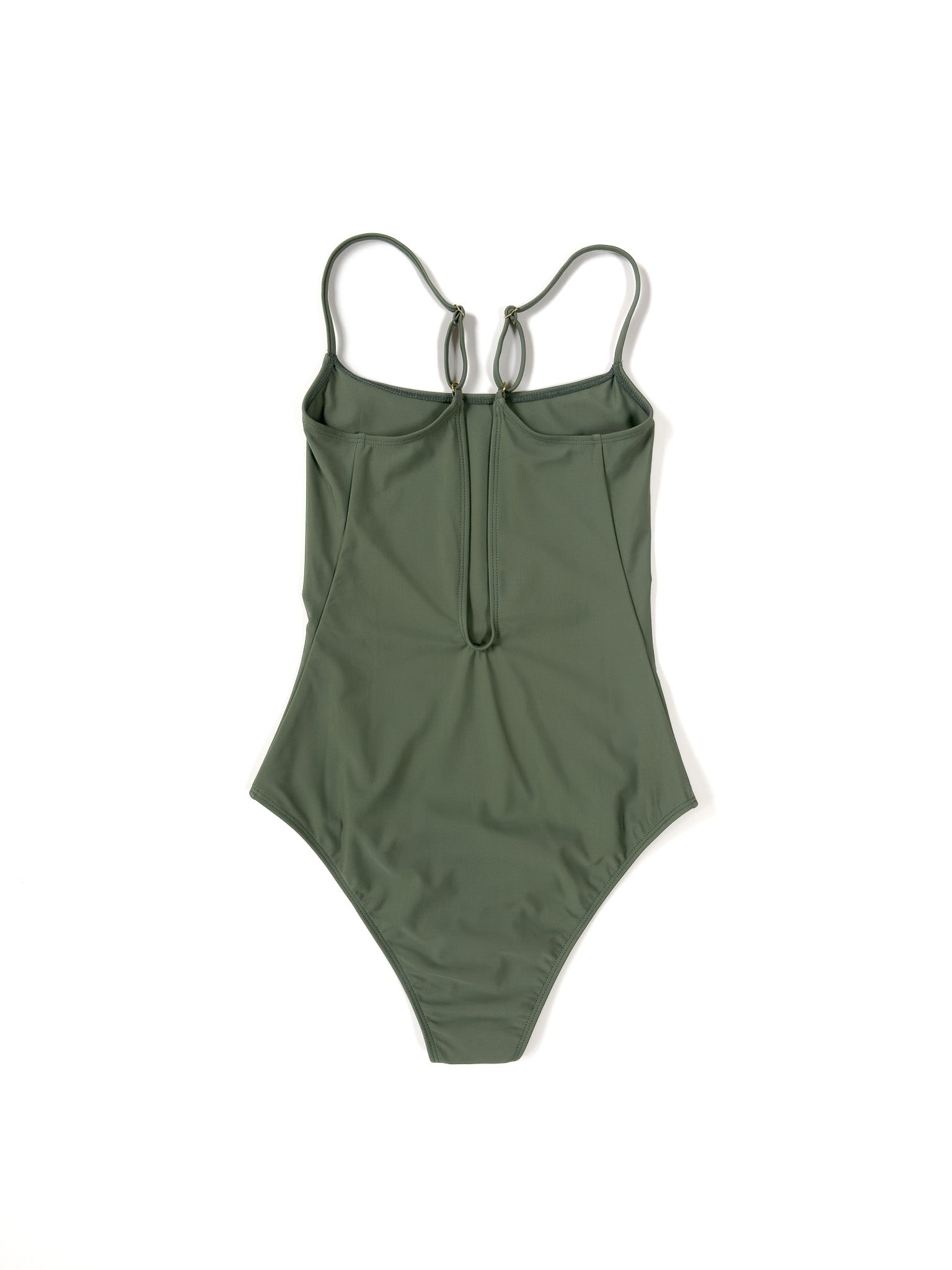 Flat back view of the sage Italian regenerated nylon Kamperett Selwood One Piece showing the deep V.