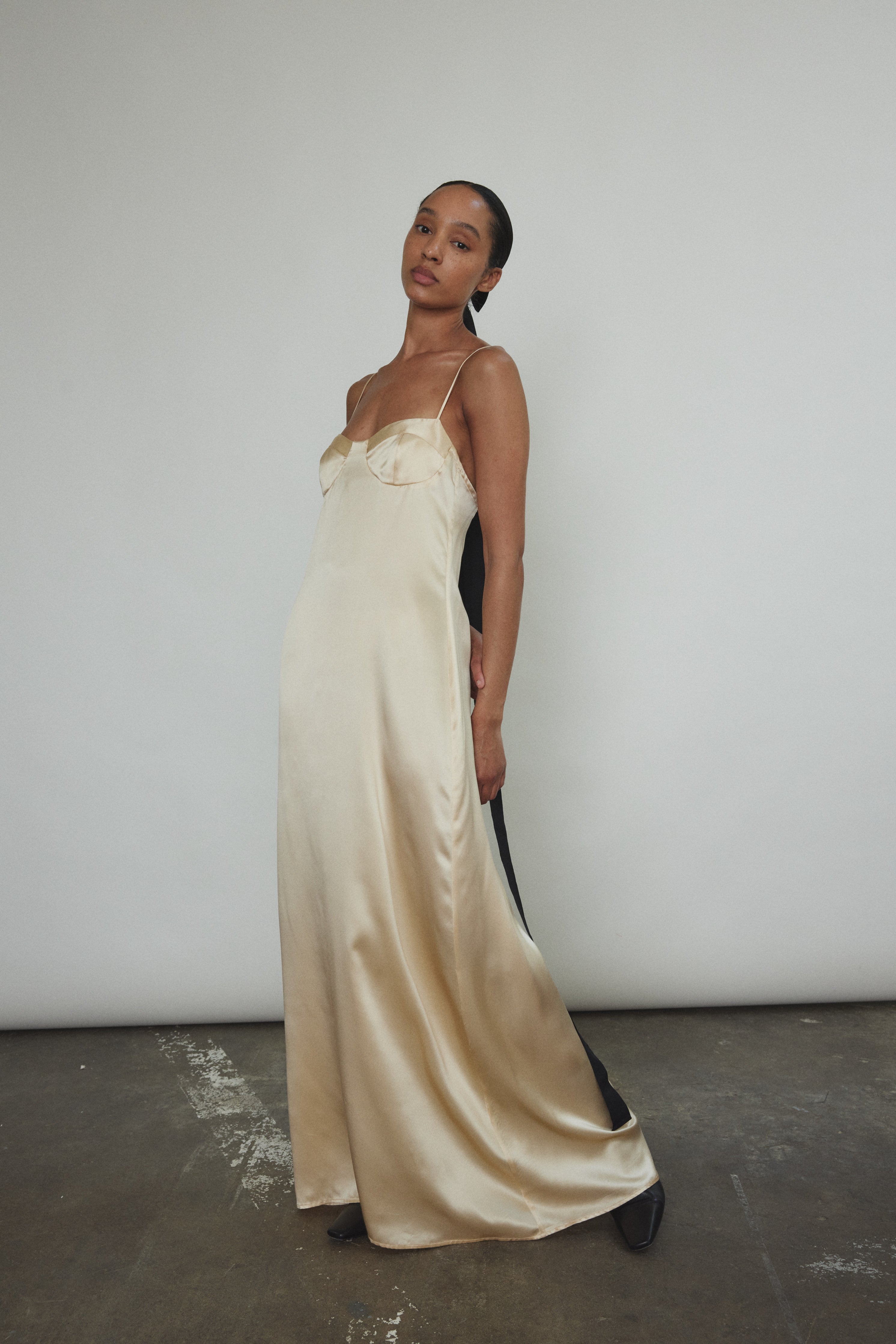 champagne charmeuse dress AW.Bridal A-line Square Neckline Floor Length Long Sleeves Puff Sleeves Satin Split Long Bridesmaid Dresses Dress Champagne Size 4