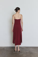 Back view of the bordeaux silk Kamperett Theodora Dress showing the corded straps.