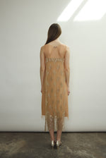Rear view of Kamperett Thistle Lace Shift — French lace appliqué panel at back, clean unlined construction, architectural A-line hem. Handcrafted in California.