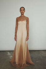 Kamperett Violette Tulle Sheath in mocha — sheer long sleeve sheath with jewel neckline and sweeping multi-godet hem, handcrafted in California.