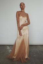Kamperett Violette Tulle Sheath in mocha — sheer long sleeve sheath with jewel neckline and sweeping multi-godet hem, handcrafted in California.