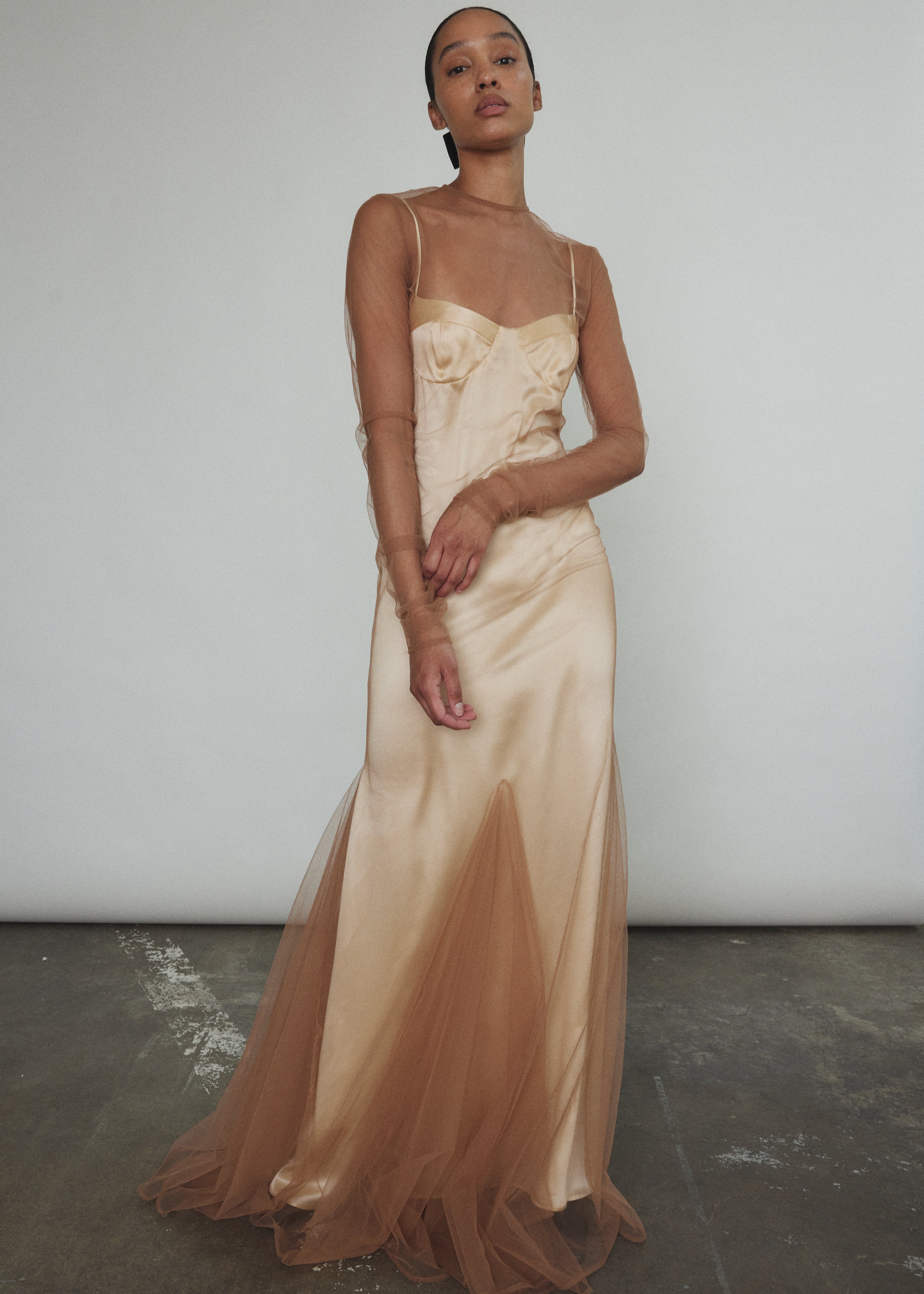 Kamperett Violette Tulle Sheath in mocha — sheer long sleeve sheath with jewel neckline and sweeping multi-godet hem, handcrafted in California.