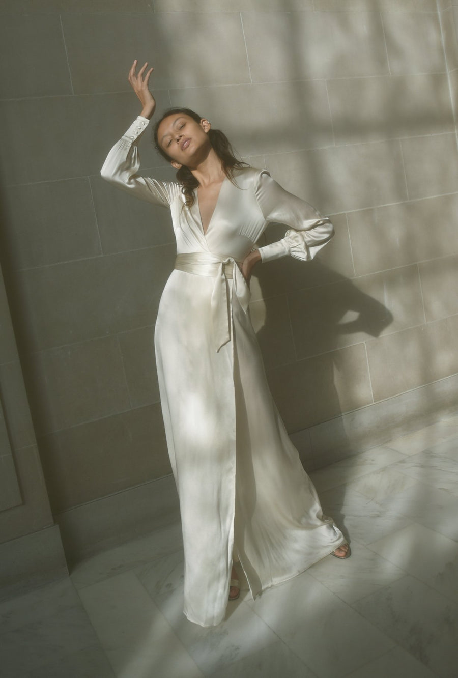 Lisa Long Satin Bridesmaid Dress in Gold | Birdy Grey