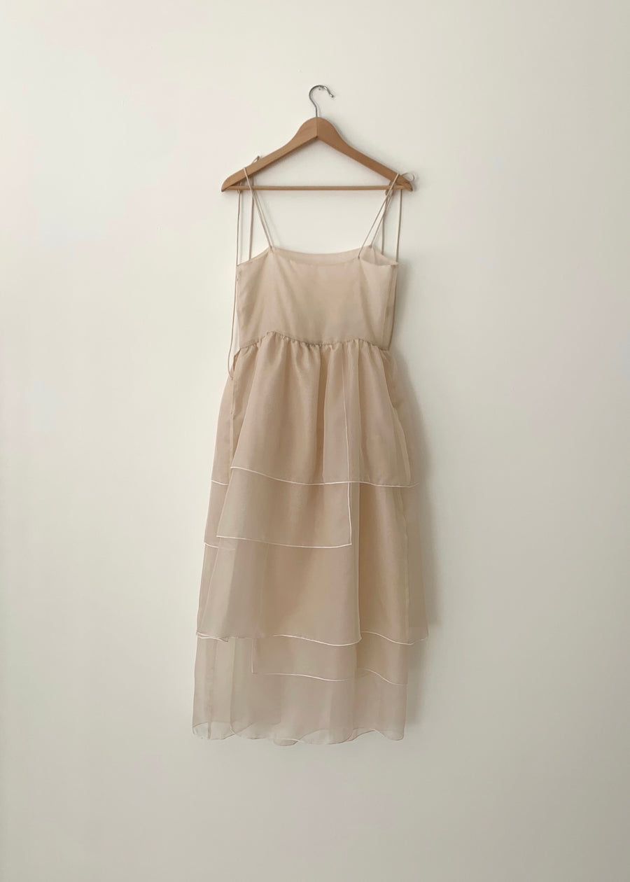 Kamperett Laurence Tiered Silk Organza Midi Dress | White Pearl Edge