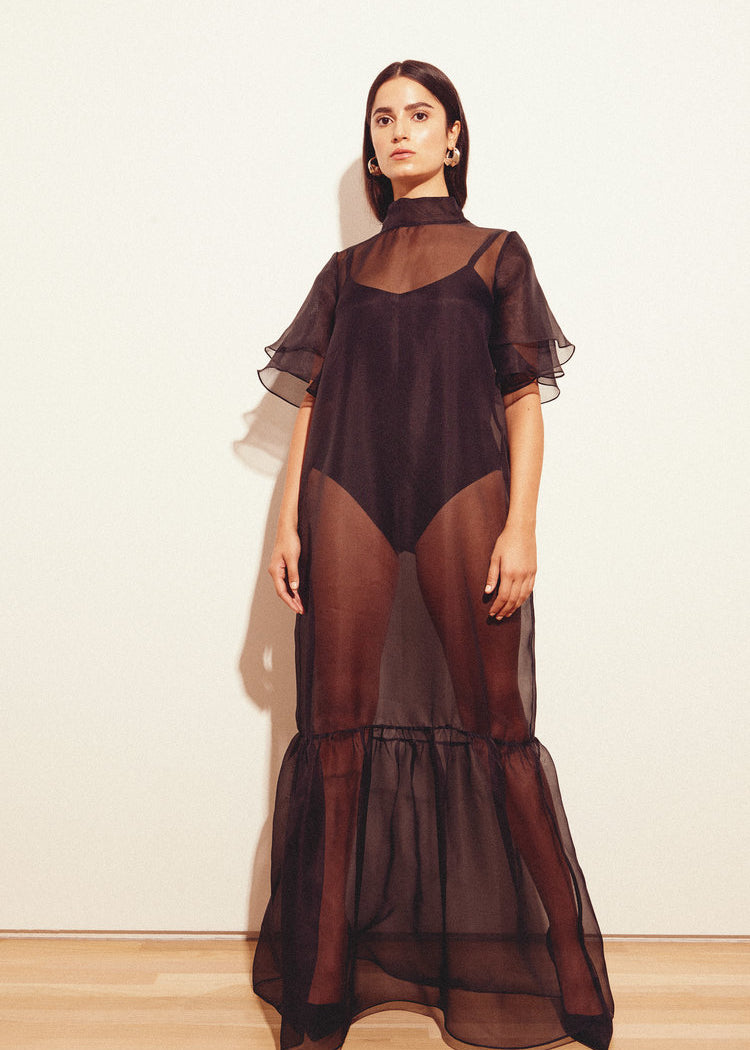 KAMPERETT | Barre Silk Organza Sheer Maxi Dress | Black