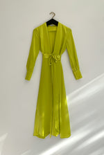 Alternate detail image of the chartreuse satin silk charmeuse Kamperett Adelaide Midi Dress.