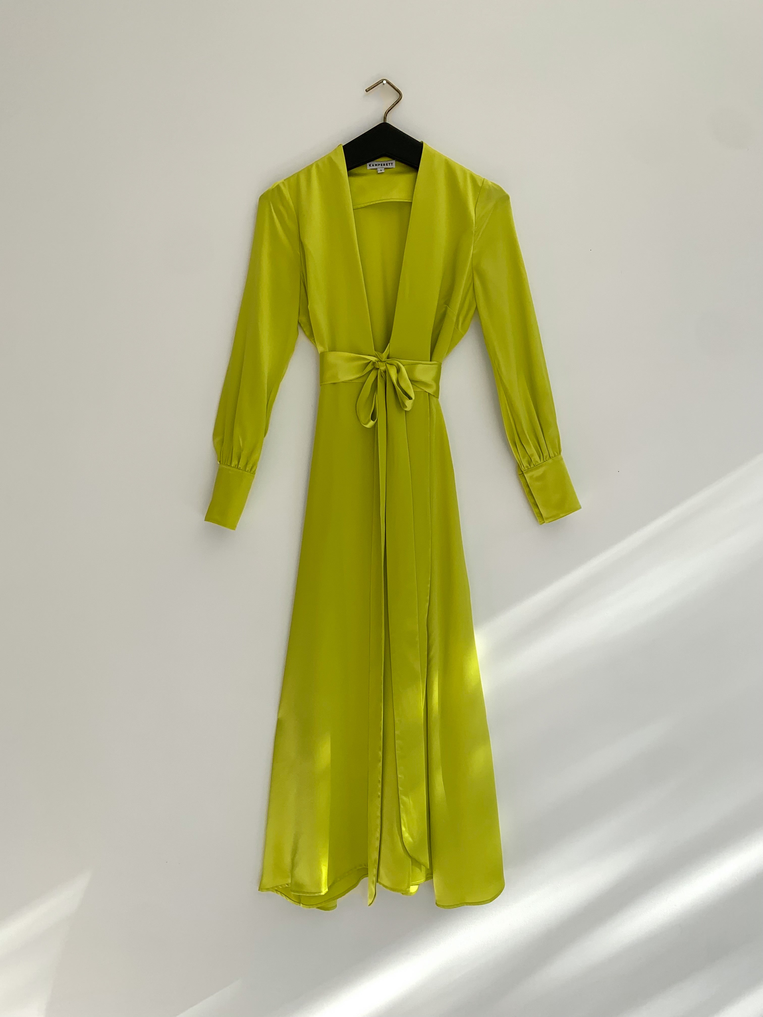 Alternate detail image of the chartreuse satin silk charmeuse Kamperett Adelaide Midi Dress.