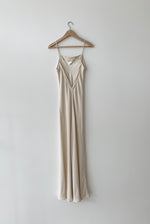 Back view of the ivory matte silk charmeuse Kamperett Long Slip showing the deep V back.