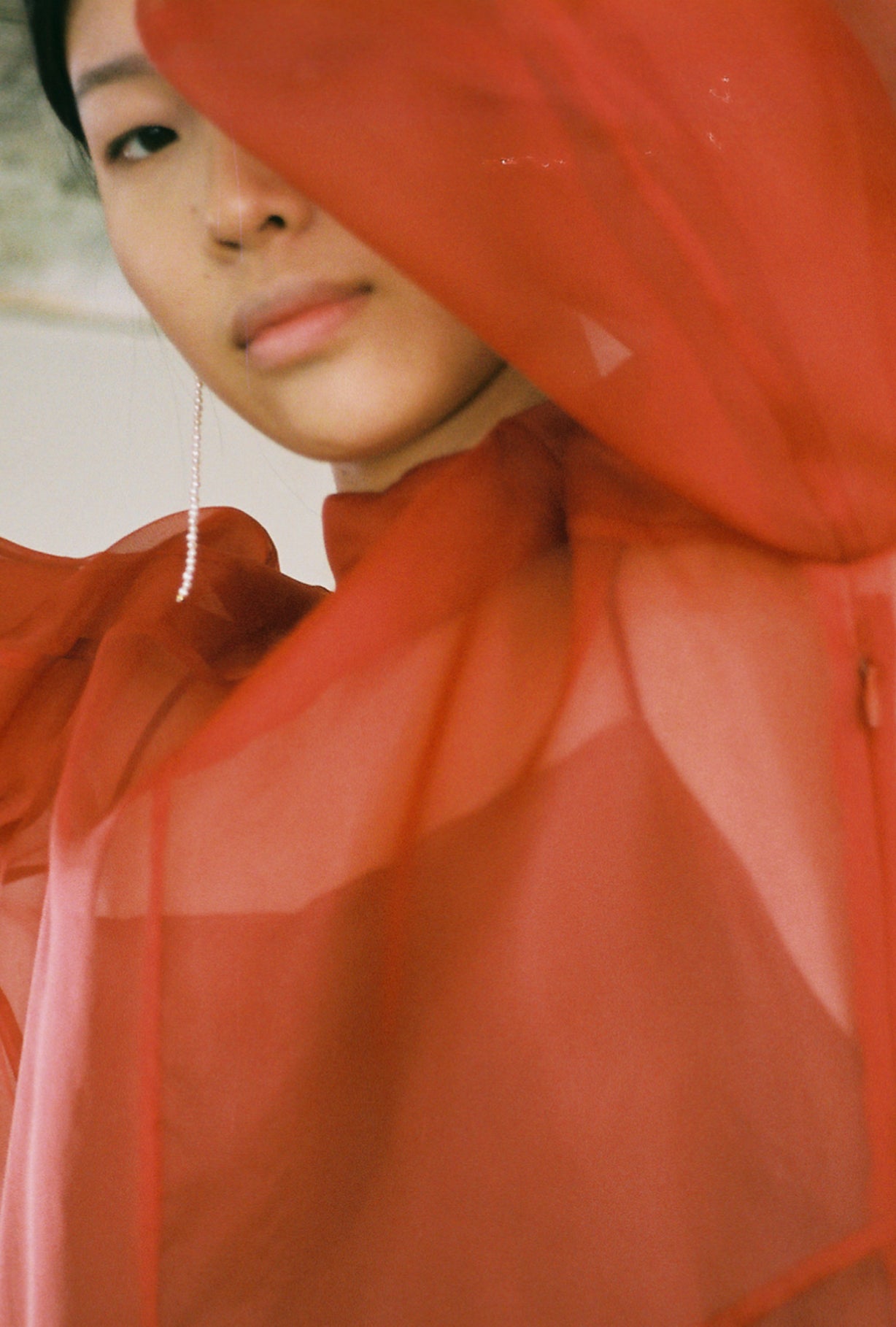 Alternate film image of the rust silk organza Kamperett Meiere Gown.